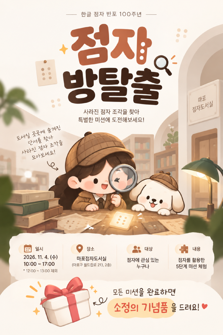 한글점자 반포 100주년을 기념해 마포점자도서실에서 열리는 ‘점자 방탈출’ 행사 포스터.png