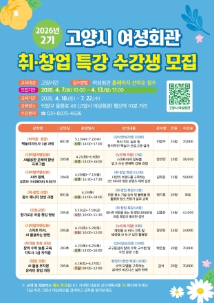 고양시 여성회관, 2026년 취·창업 특강(2기) 수강생 모집