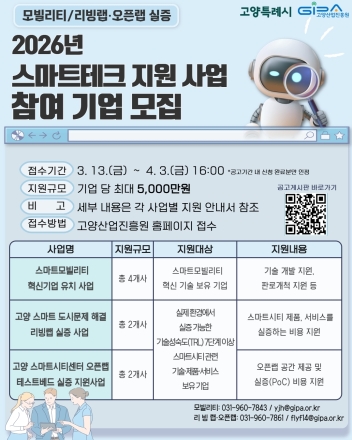 고양시, 미래 스마트 기술 실증 적극 나서… 고양산업진흥원, 스마트테크 혁신기업 참여 모집