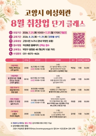 고양시 여성회관, 8월 취창업 단기 클래스 수강생 모집
